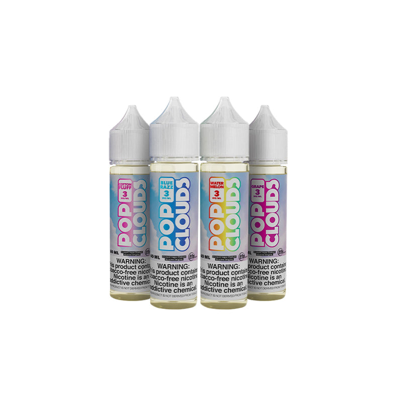 Four 60ml bottles of Pop Clouds TFN eLiquid Collection with a warning sign - Vape Juice Depot