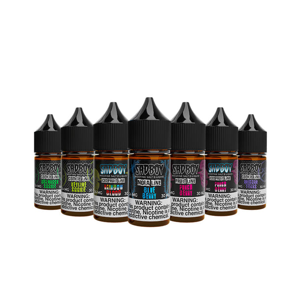 Seven bottles of 30ml SadBoy Salts Collection with a warning sign - VJD Wholesale