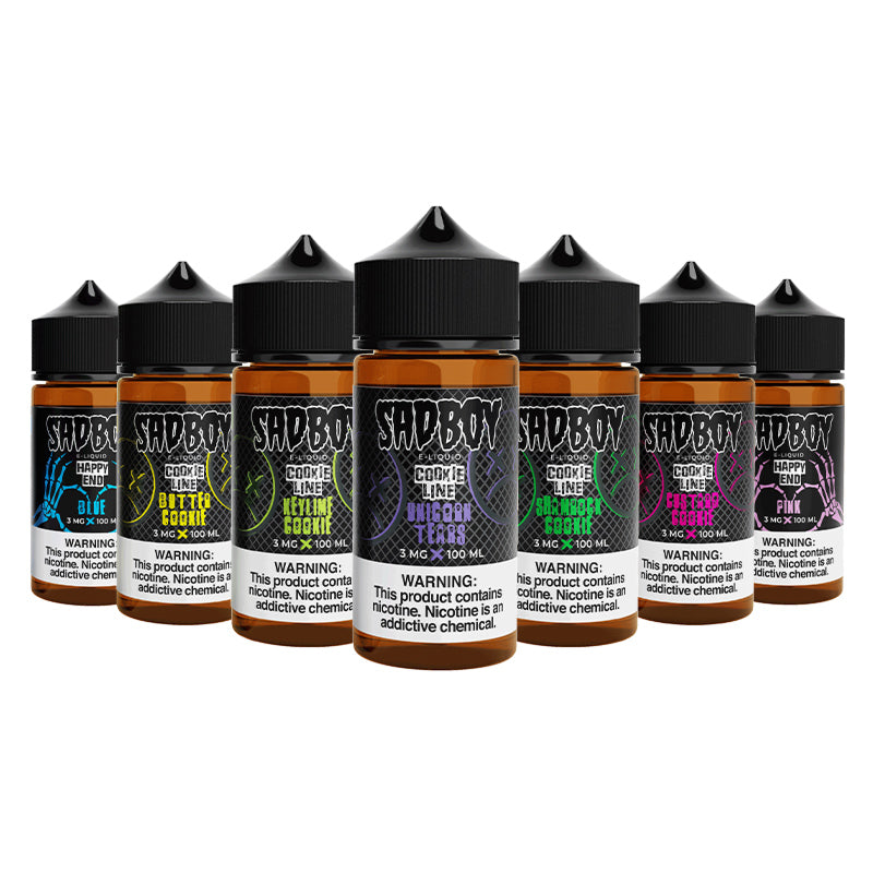 Seven bottles of 100ml SadBoy eLiquids Collection with a warning sign - VJD Wholesale